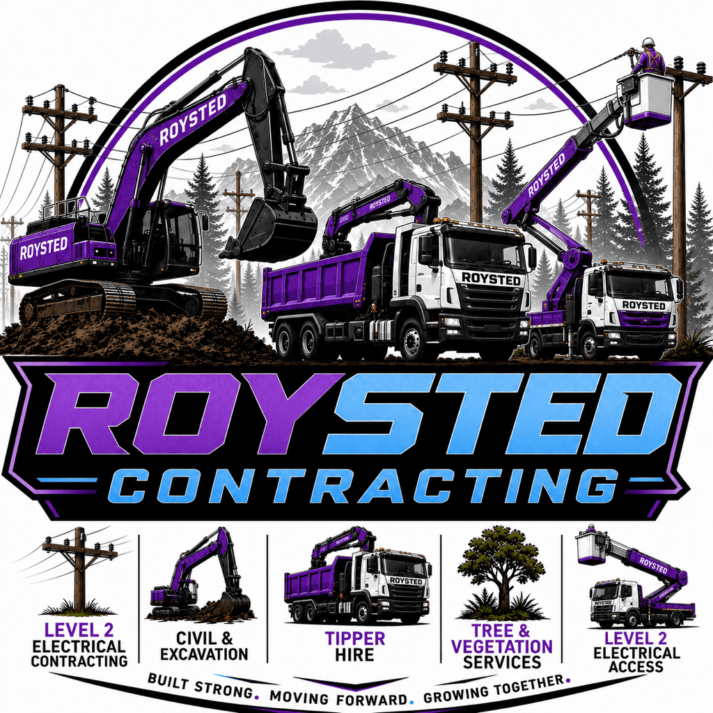 Roysted Contracting logo: purple excavator, tipper and elevated-work-platform truck over the purple-to-blue Roysted wordmark, with Level 2 electrical, civil, tipper hire, tree and Level 2 electrical access divisions